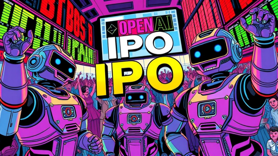 Retro comic-style illustration of robots announcing OpenAI IPO in the stock market.