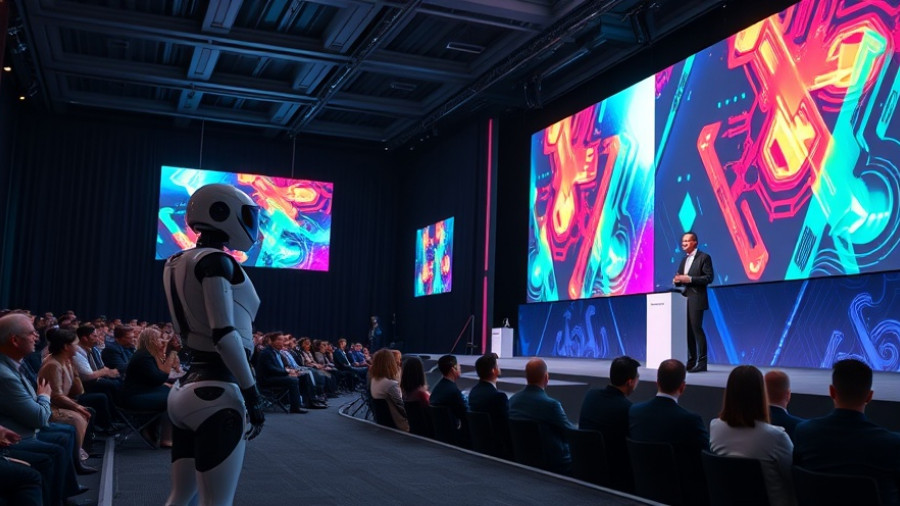 Futuristic conference with AI marketing software presentation.