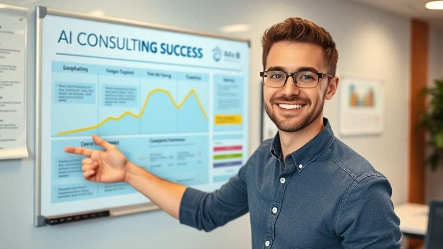 Smiling young man shares AI consulting success stories in office setting.