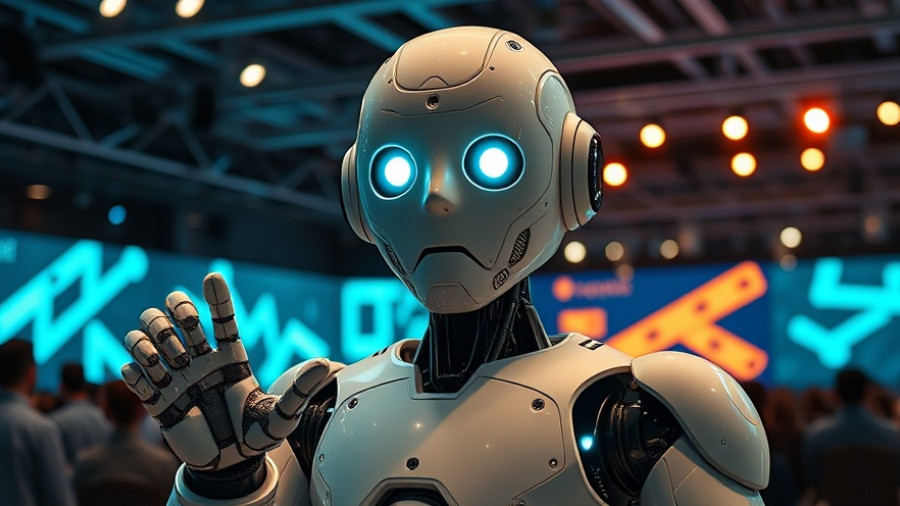 Futuristic marketing presentation with humanoid robot and neon lights.