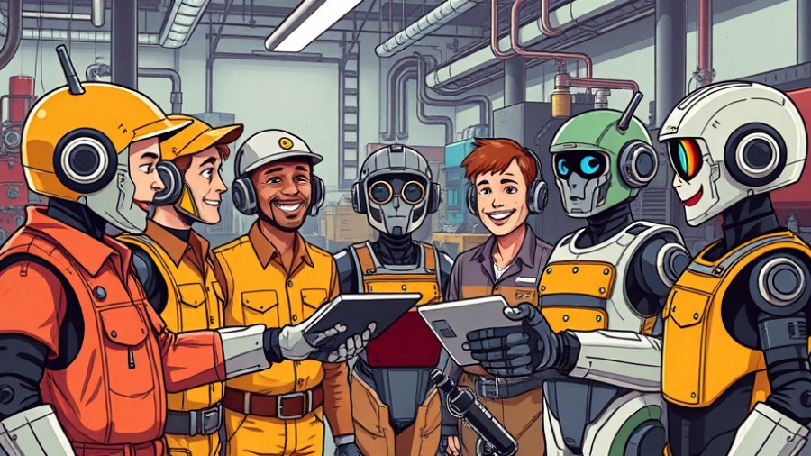 Retro comic-style workers and robots discuss AI job automation.