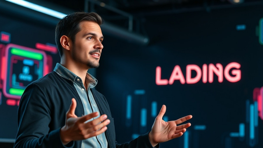 AI marketing software presentation with animated speaker and loading graphics.