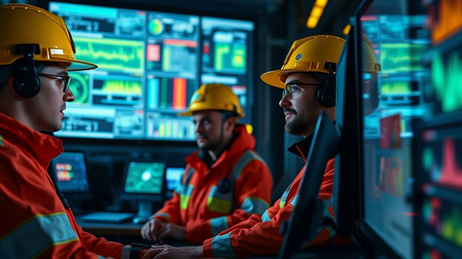 Engineers reviewing data in a manufacturing control room.