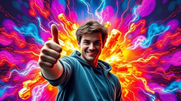 Dynamic young man with colorful energy clash, AI marketing theme.