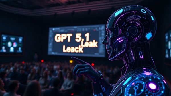 Futuristic AI presentation GPT 5.1 in a large auditorium.