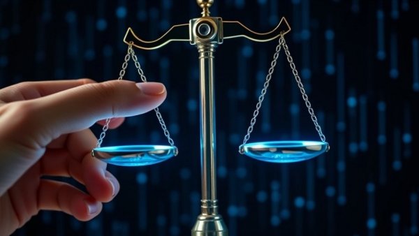 Futuristic digital scales of justice touched by a finger, symbolizing maturing public sector AI.