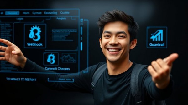 AI agents with guardrails concept featuring young presenter.