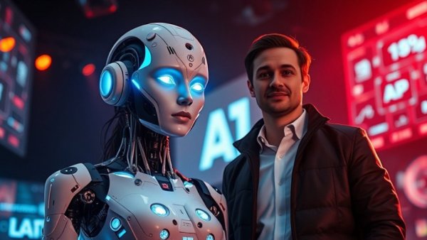 Futuristic robotic female and man on stage promoting AI marketing software.