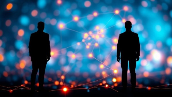 Silhouetted figures connected in AI learning path digital network.