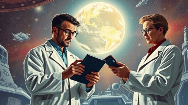 Retro illustration of AI world models with scientists and spacecraft.