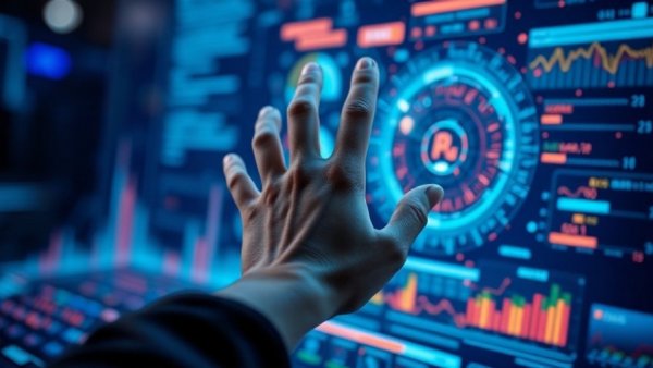 Hand interacting with futuristic data display concept on dark blue tech background, illustrating Maximum Agreement Linear Predictor.