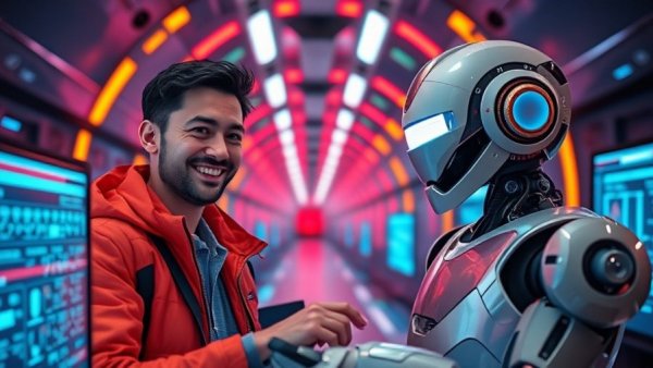 AI marketing futuristic scene with man and robot in digital tech setting.