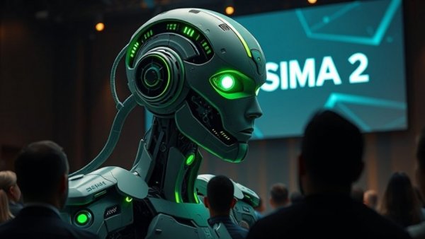 Futuristic AI robot showcased in presentation on AI marketing software
