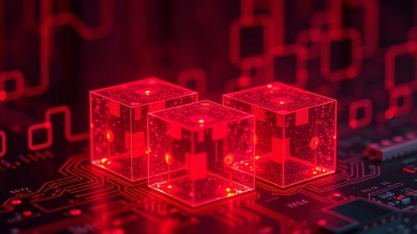 Red cubes representing light-based tensor computing on a circuit board.