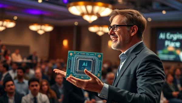 Quantum AI chip presentation showcasing photonic chip speed.