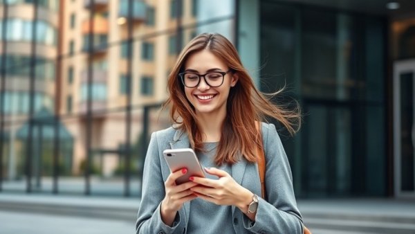 Smiling woman using smartphone in front of modern building.