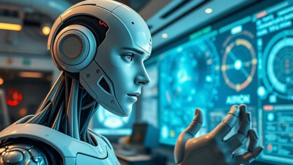 Futuristic AI scientist analyzing cosmos in a modern lab.