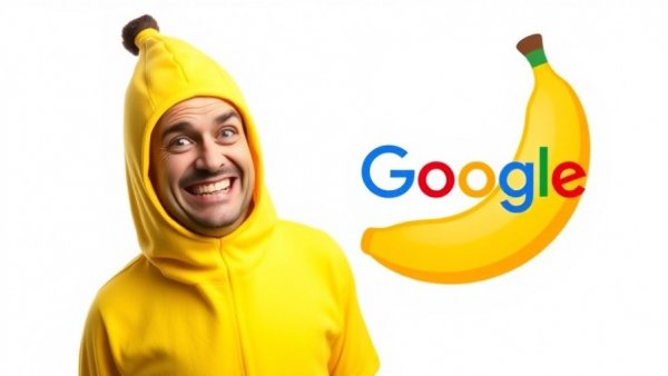 Humorous image of person in banana costume with Google-themed backdrop.