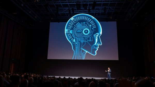 Tech presentation showcasing futuristic AI technology at a conference.