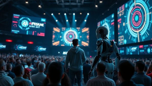 Futuristic AI marketing software presentation on stage with robots.