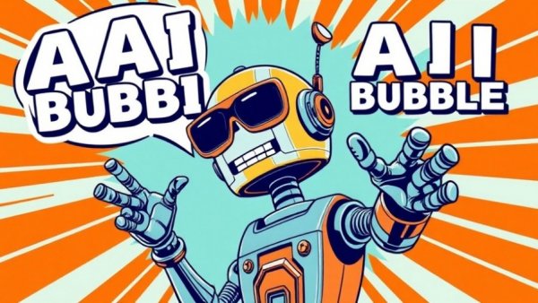 Retro robot poster discussing the AI bubble conversation in comic style.