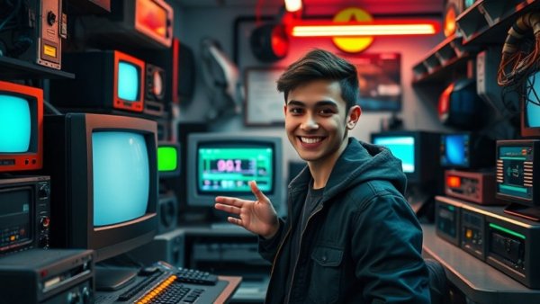 AI marketing concept with retro tech and futuristic gadgets in tech hub.