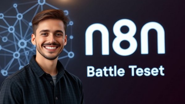 Young man's photo with essential n8n nodes for automation diagram.