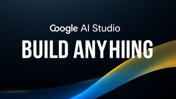 Google AI Studio update visual with bold text over gradient.