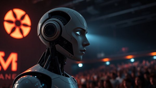 Futuristic humanoid robot showcased in AI marketing software event.