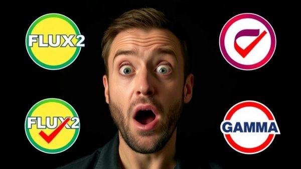 Surprised man with open mouth seeing FLUX 2 on Gamma logos.