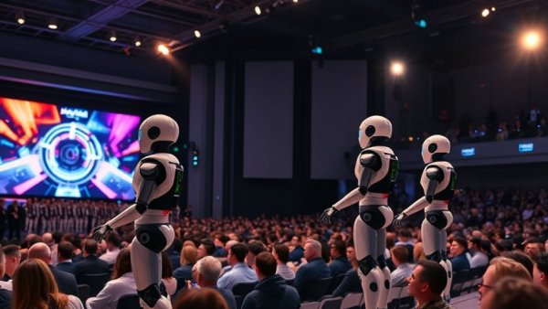 AI marketing software display at tech conference with robots and presentations.