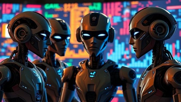 AI reviews with futuristic robots and vibrant digital screens.