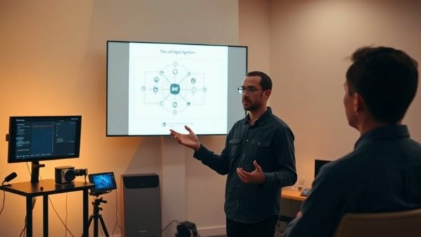 Person discussing n8n and OpenAI integration with visual aid.