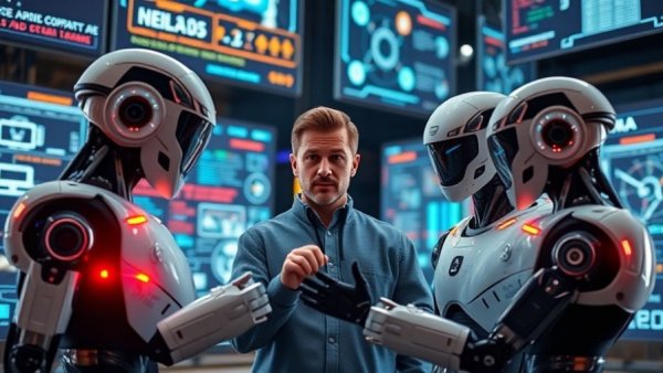 Futuristic AI marketing software demo with robots and digital screens.