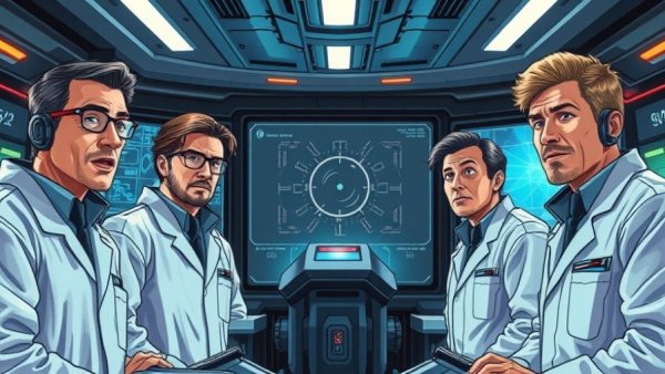 Futuristic scientists in a lab amazed by advanced tech, GPT-5.2 release news.