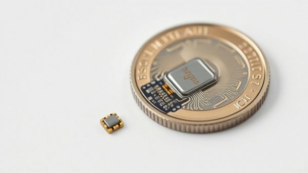 Tiny implant next to coin sends messages to the brain, close-up view.