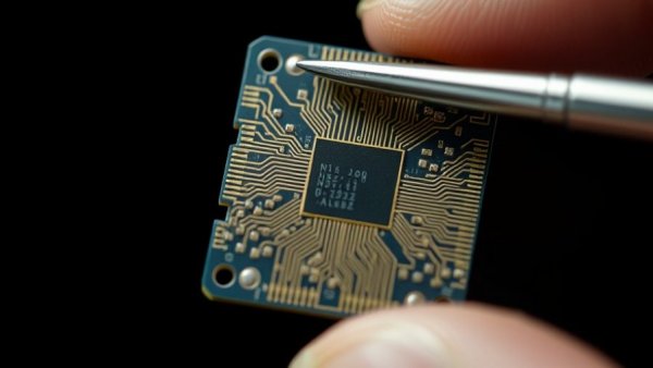 Close-up of microchip in tweezers, AI science concept.