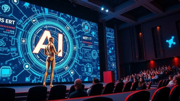 Futuristic AI marketing software presentation in a high-tech setting.