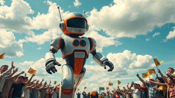 Retro robot in a comic book style running with cheering crowd, AI projects to learn Gemini 3.