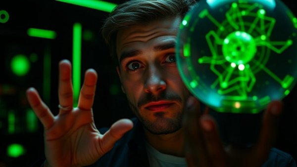 AI marketing software concept with futuristic holographic sphere.