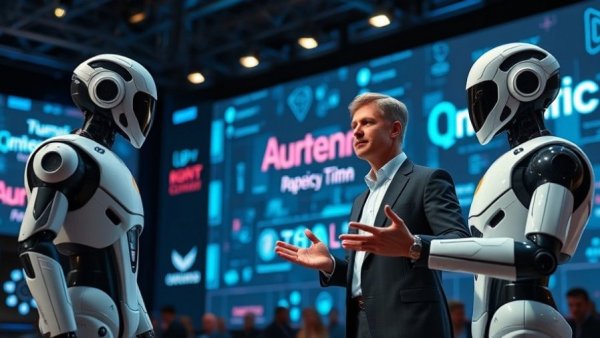 Futuristic presentation on AI marketing software with humanoid robots.