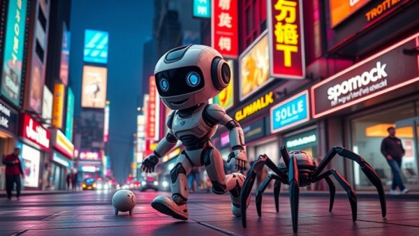 AI-driven economies cartoon with robots in neon city scene.