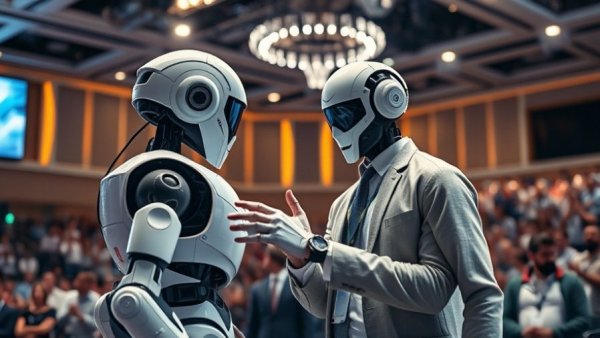 AI marketing software concept: humanoid robot on stage with business professional.