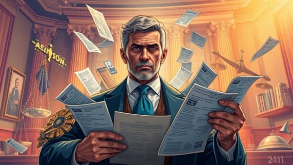 Illustration of AI reviews with legal theme and digital elements.