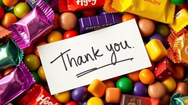 Handwritten thank you note on a variety of colorful candy.