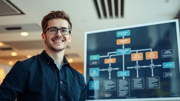 Young man with AI agent flowchart, building AI agents concept