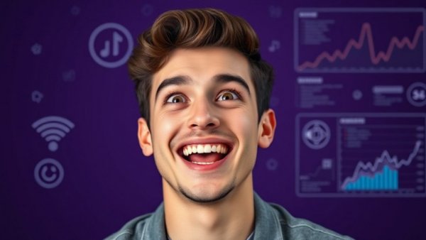 Excited young man with digital NotebookLM automation tool elements