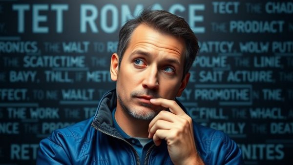 AI marketing software promotion with thoughtful individual and tech text.