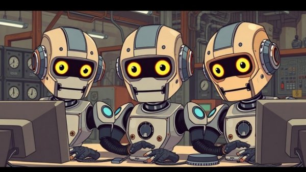 Retro robots in factory highlight future AI advances.