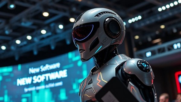 Futuristic android presentation for AI marketing software at tech conference.